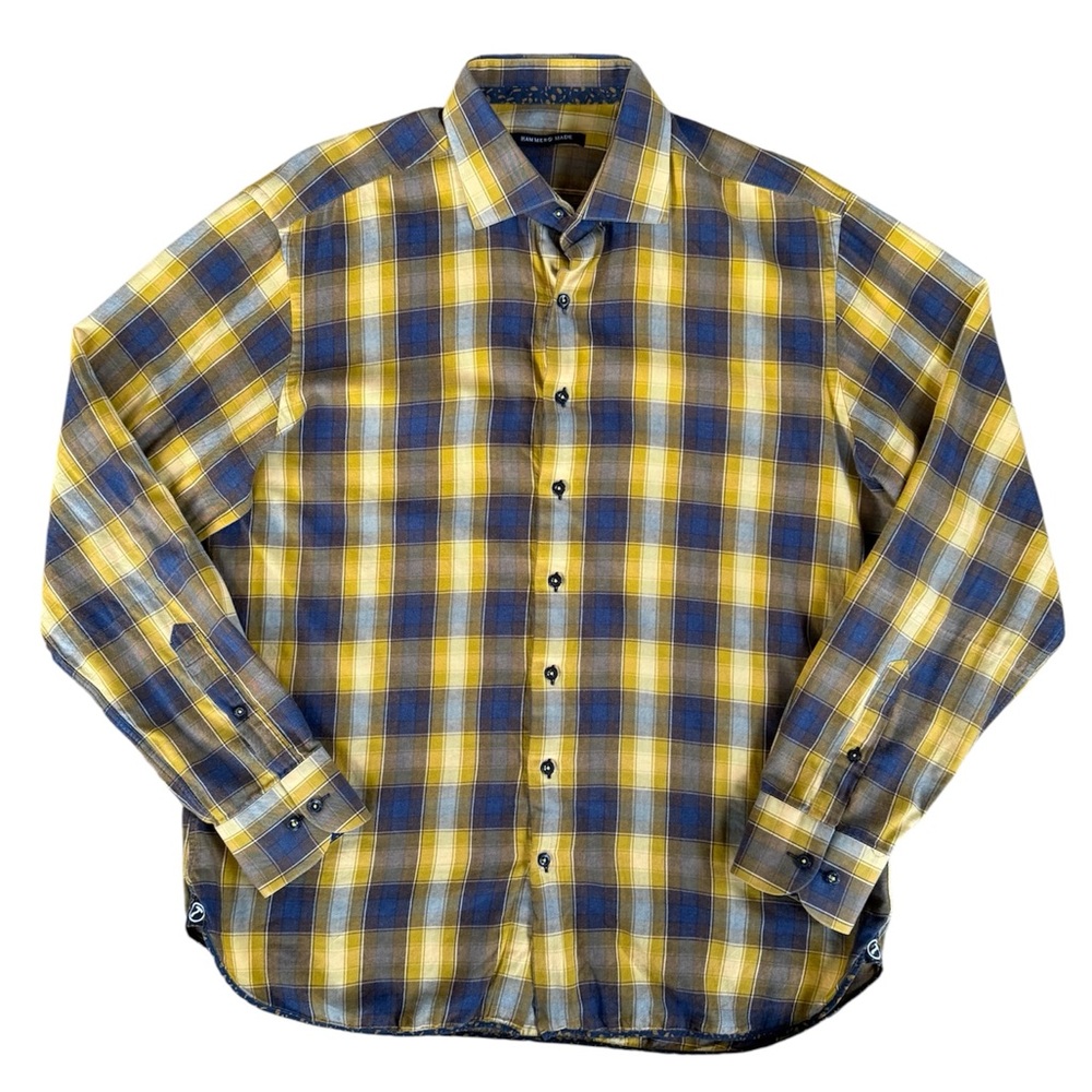 Hammer Made Plaid Flip Cuff Cotton Button Down Shirt Men 42 / 16.5 Yellow / Blue